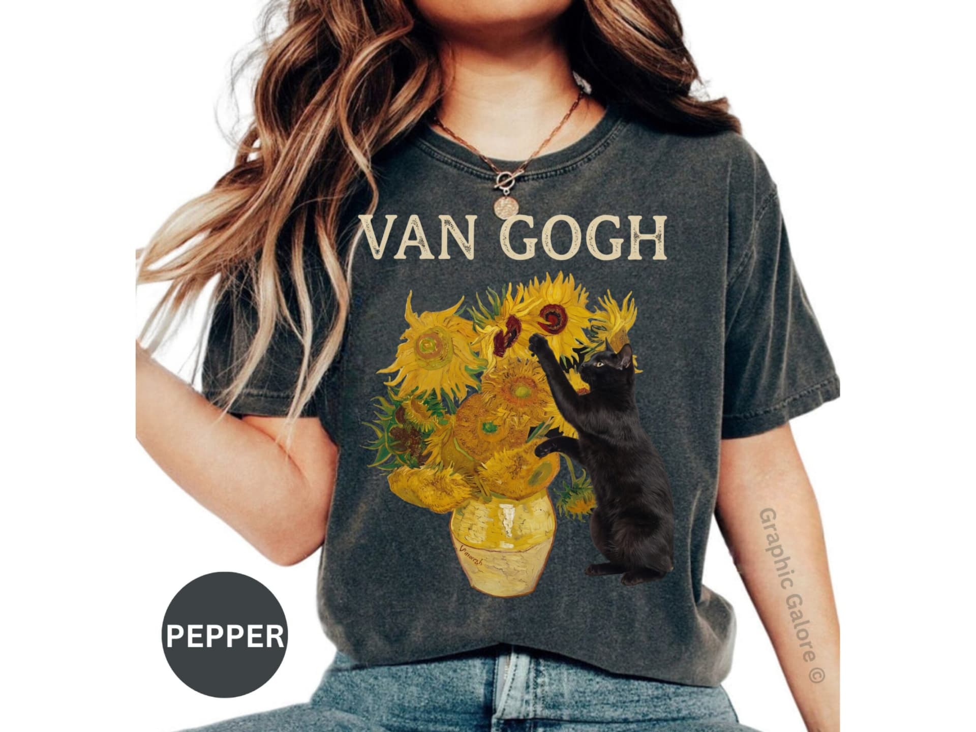 Van Gogh Sunflowers Black Cat Art T-Shirt