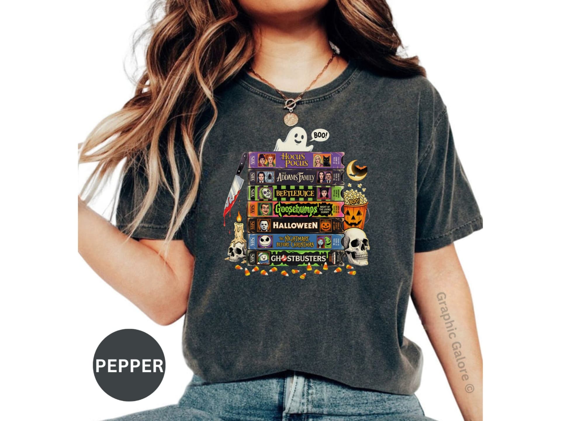 Retro Halloween Movie Night VHS Stack T-Shirt