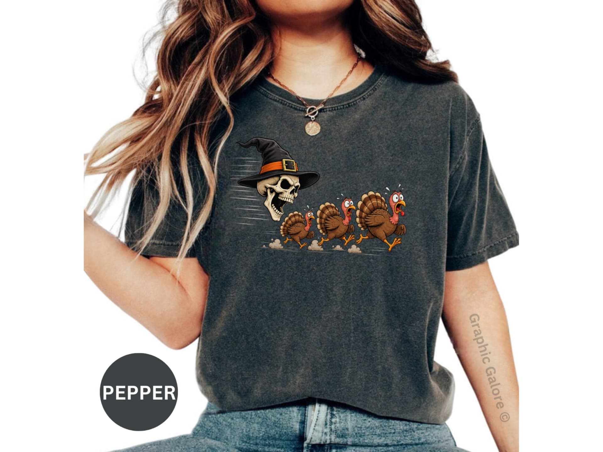 Funny Skeleton Chasing Turkeys T-Shirt