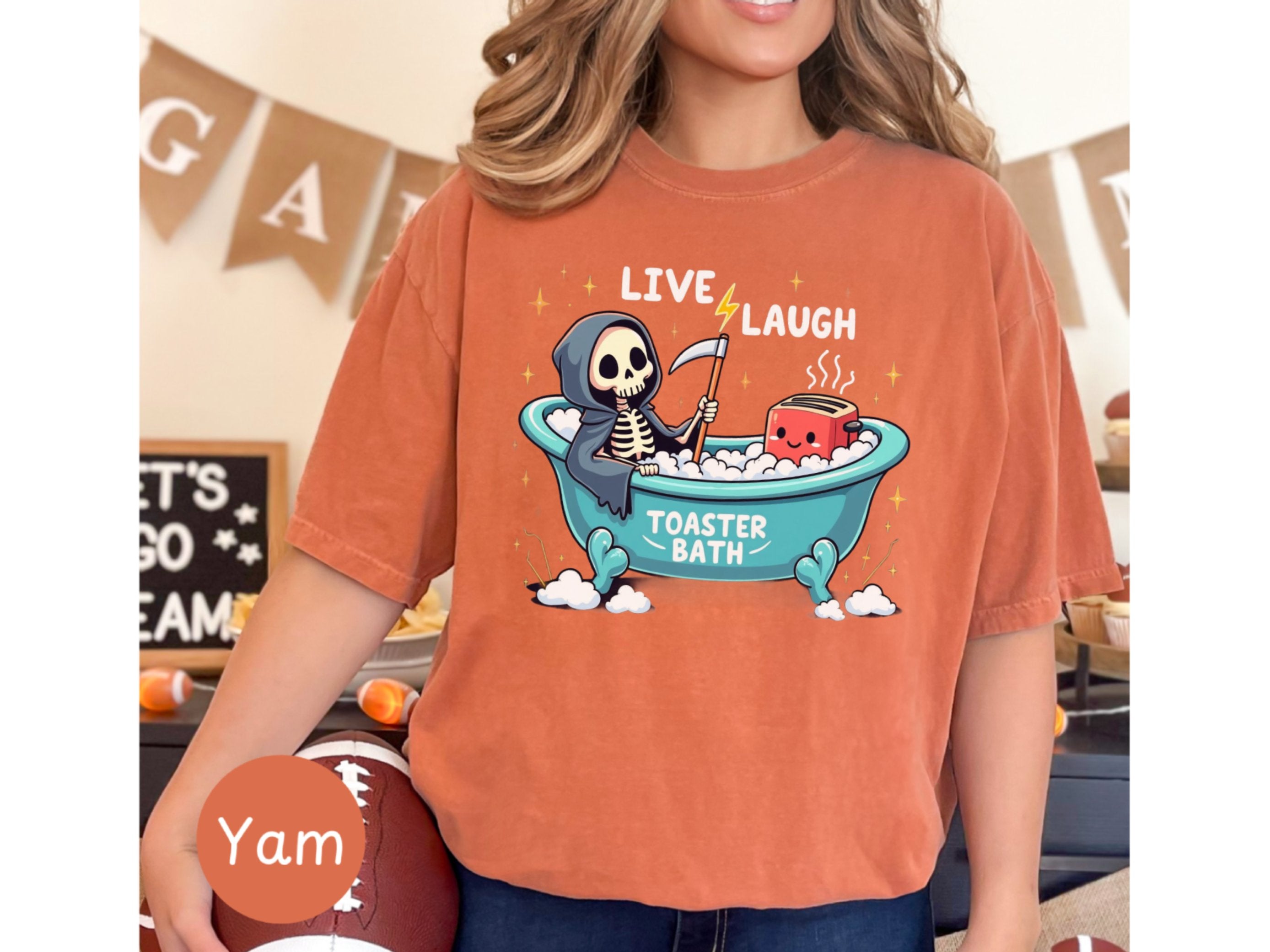 Shop Trendy Live Laugh Toaster Bath T-Shirt | Sarcastic Skeleton Tee for Women