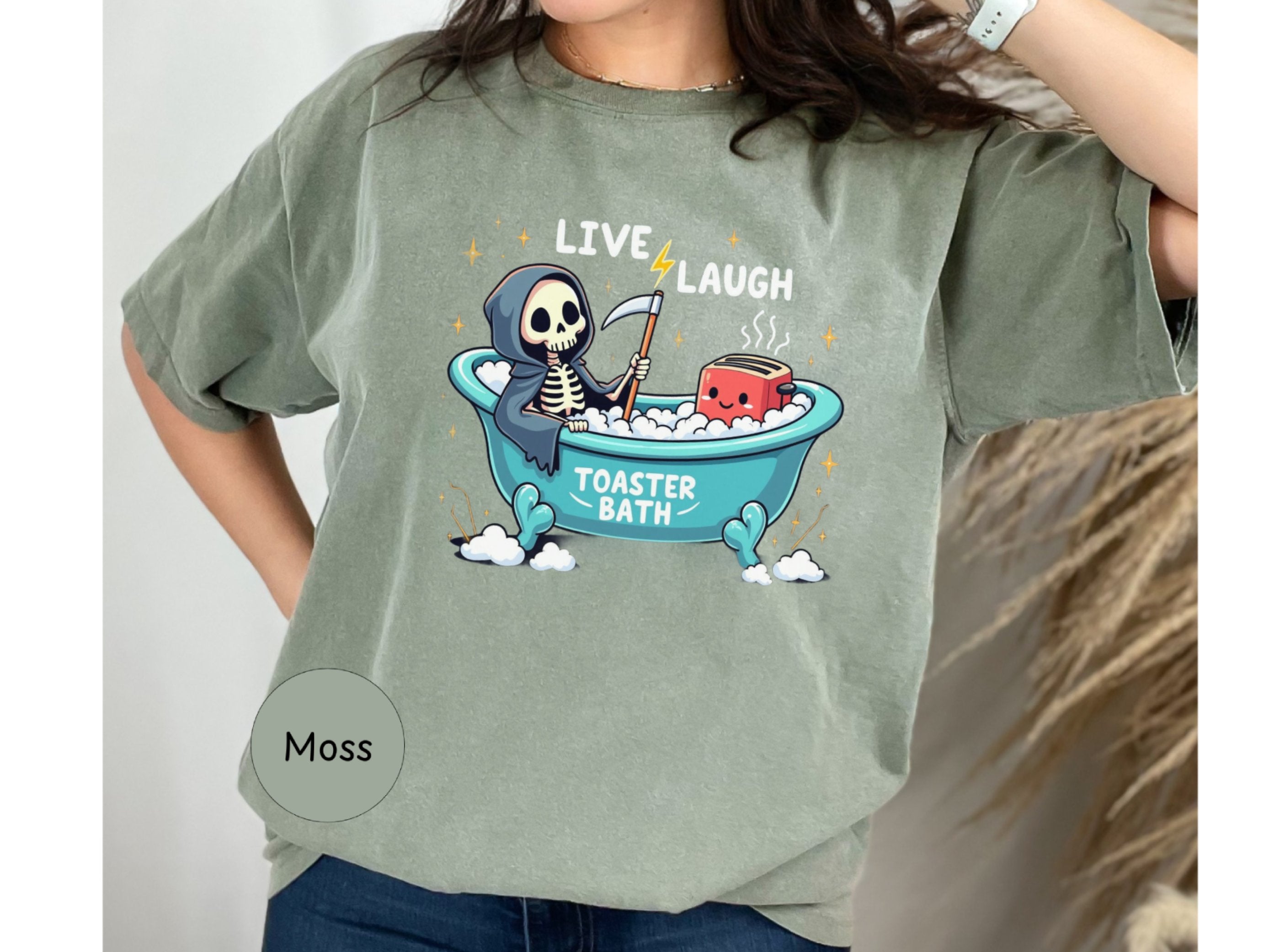 Shop Trendy Live Laugh Toaster Bath T-Shirt | Sarcastic Skeleton Tee for Women