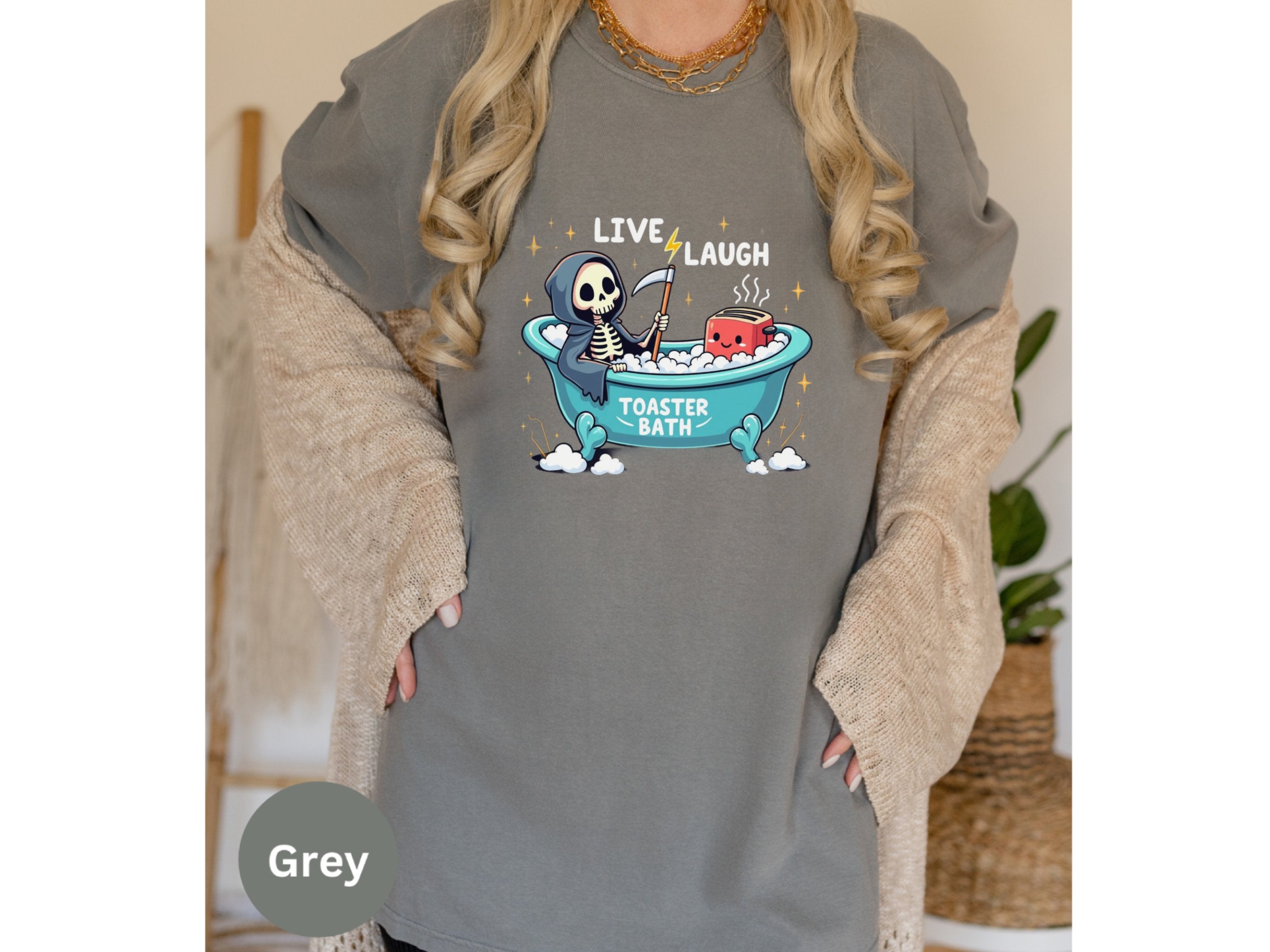 Shop Trendy Live Laugh Toaster Bath T-Shirt | Sarcastic Skeleton Tee for Women