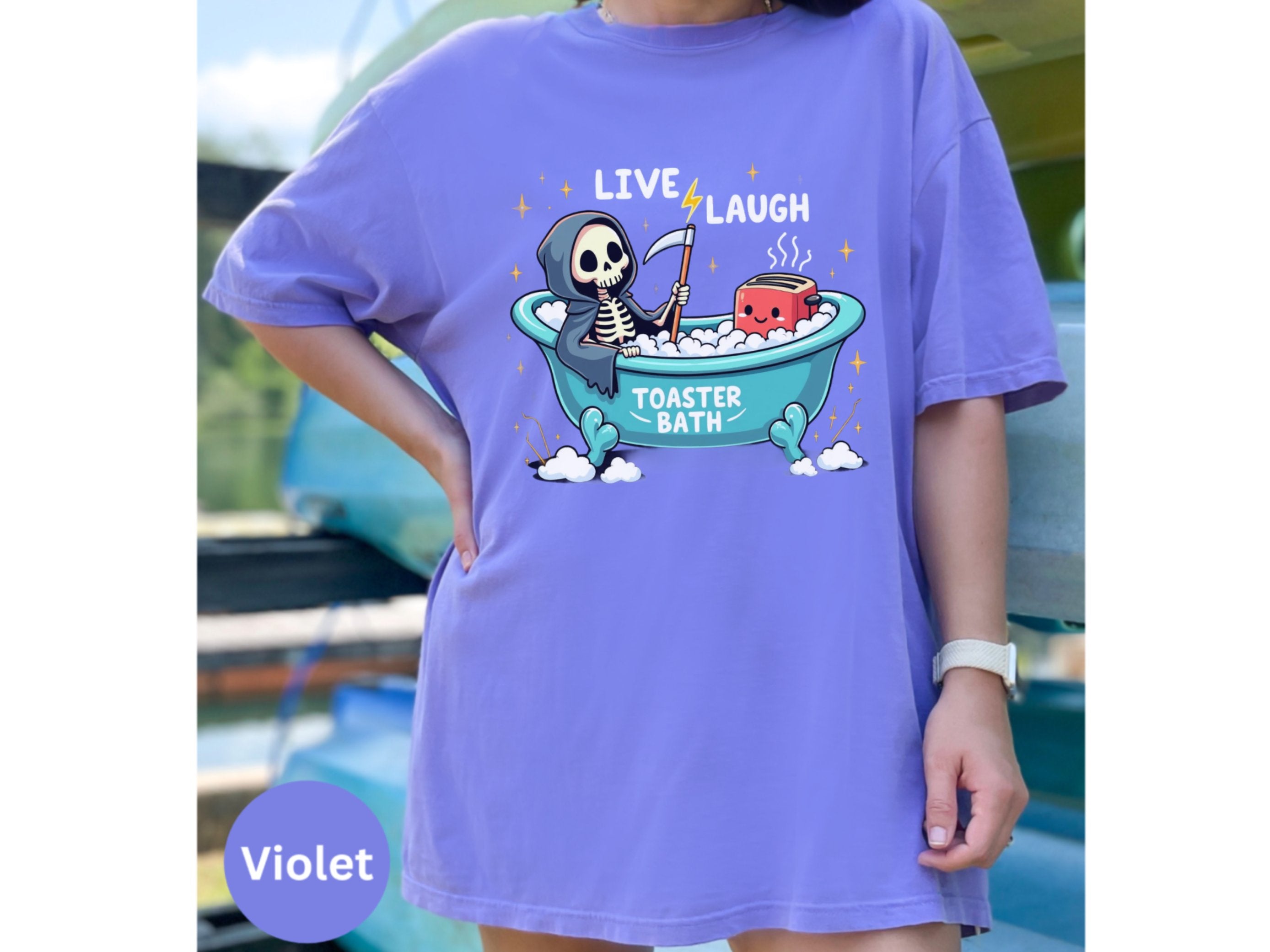 Shop Trendy Live Laugh Toaster Bath T-Shirt | Sarcastic Skeleton Tee for Women