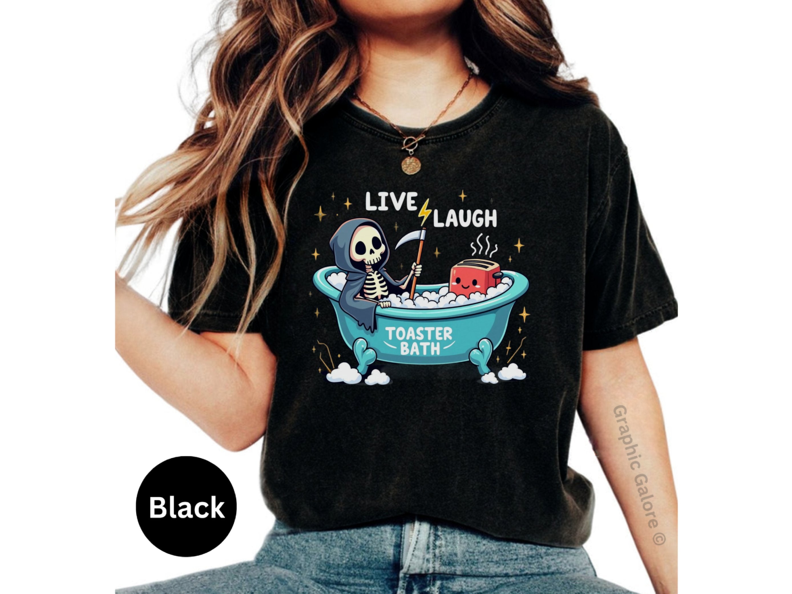 Shop Trendy Live Laugh Toaster Bath T-Shirt | Sarcastic Skeleton Tee for Women
