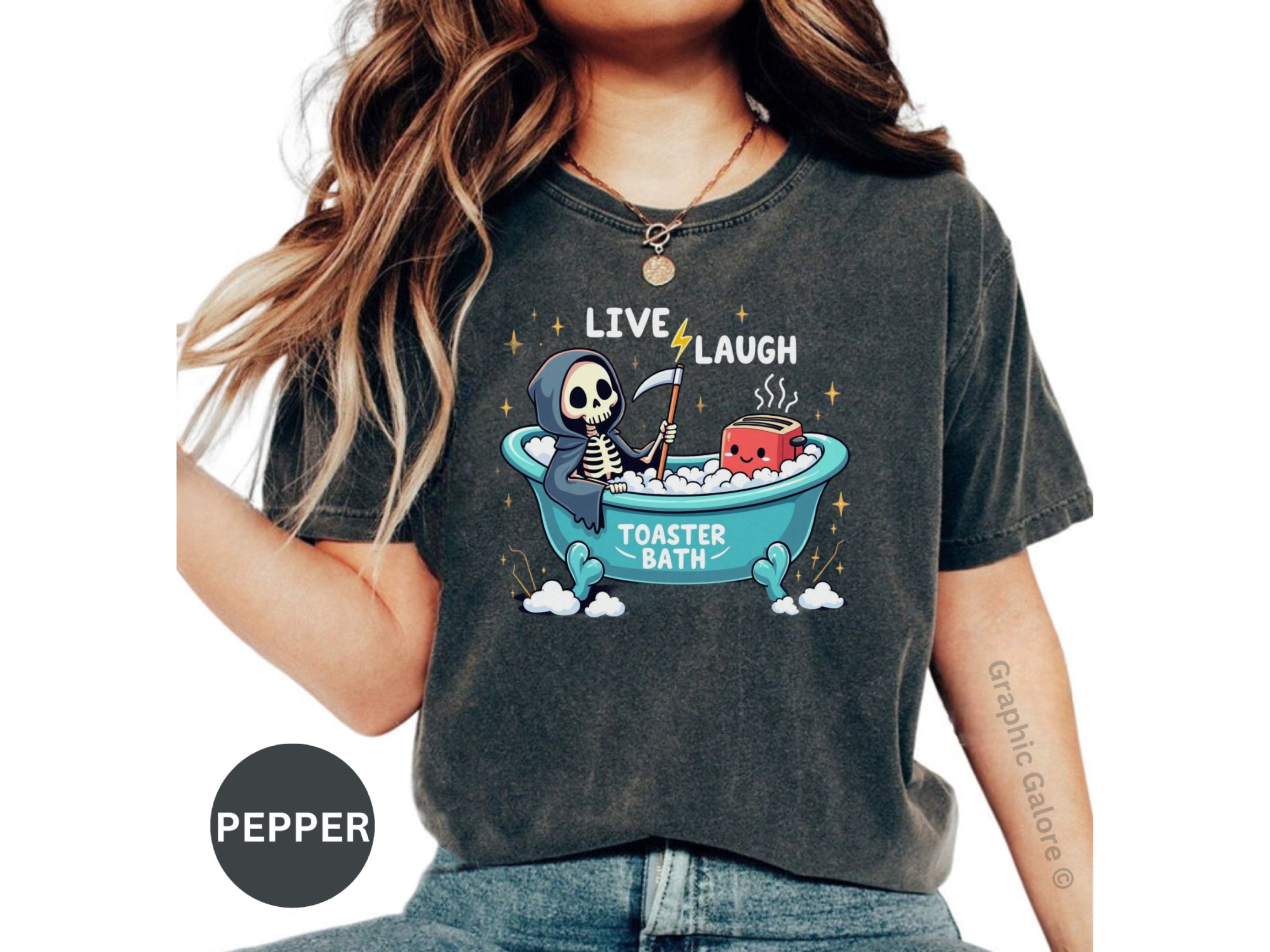 Shop Trendy Live Laugh Toaster Bath T-Shirt | Sarcastic Skeleton Tee for Women